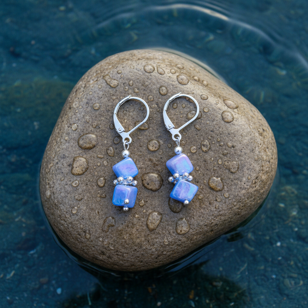 Blauw parelmoeren oorbellen met edelstaal liggend op steen | Shell Cube AB Blue