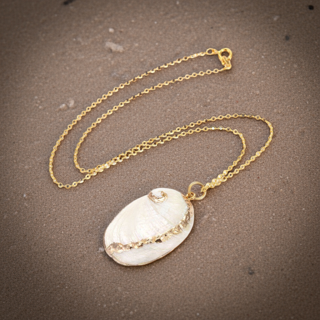 Witte schelpen ketting liggend op strand | White Shell Gold