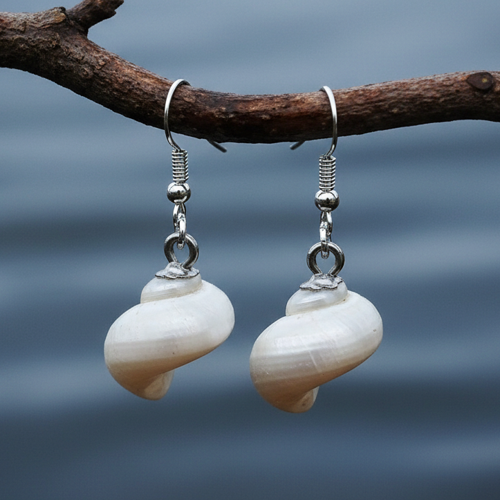 Witte schelpen oorbellen met zilver edelstaal hangend aan takje boven water | set Pearl White Turbo Shell