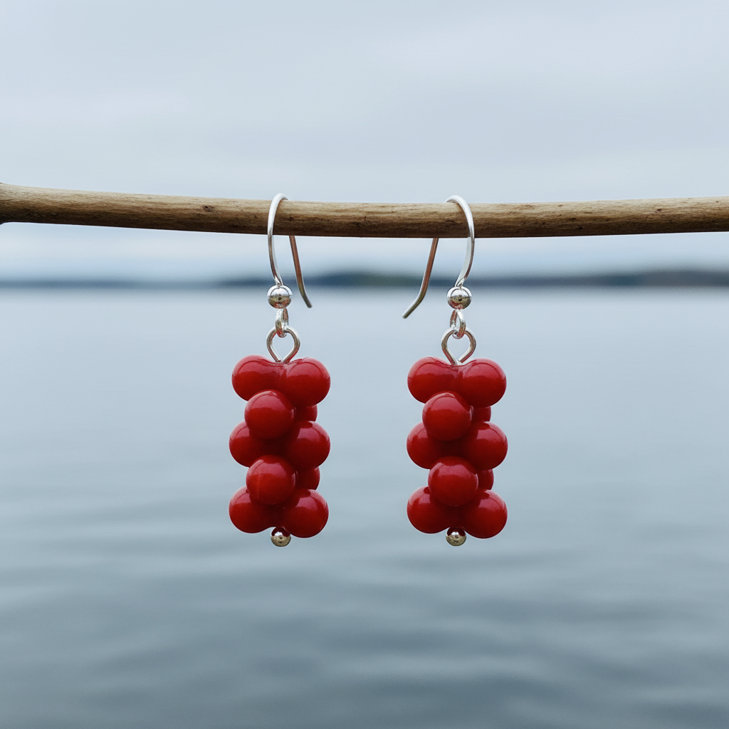 Rood koralen oorbellen met sterling zilver 925 hangend aan takje boven water | Coral Bone