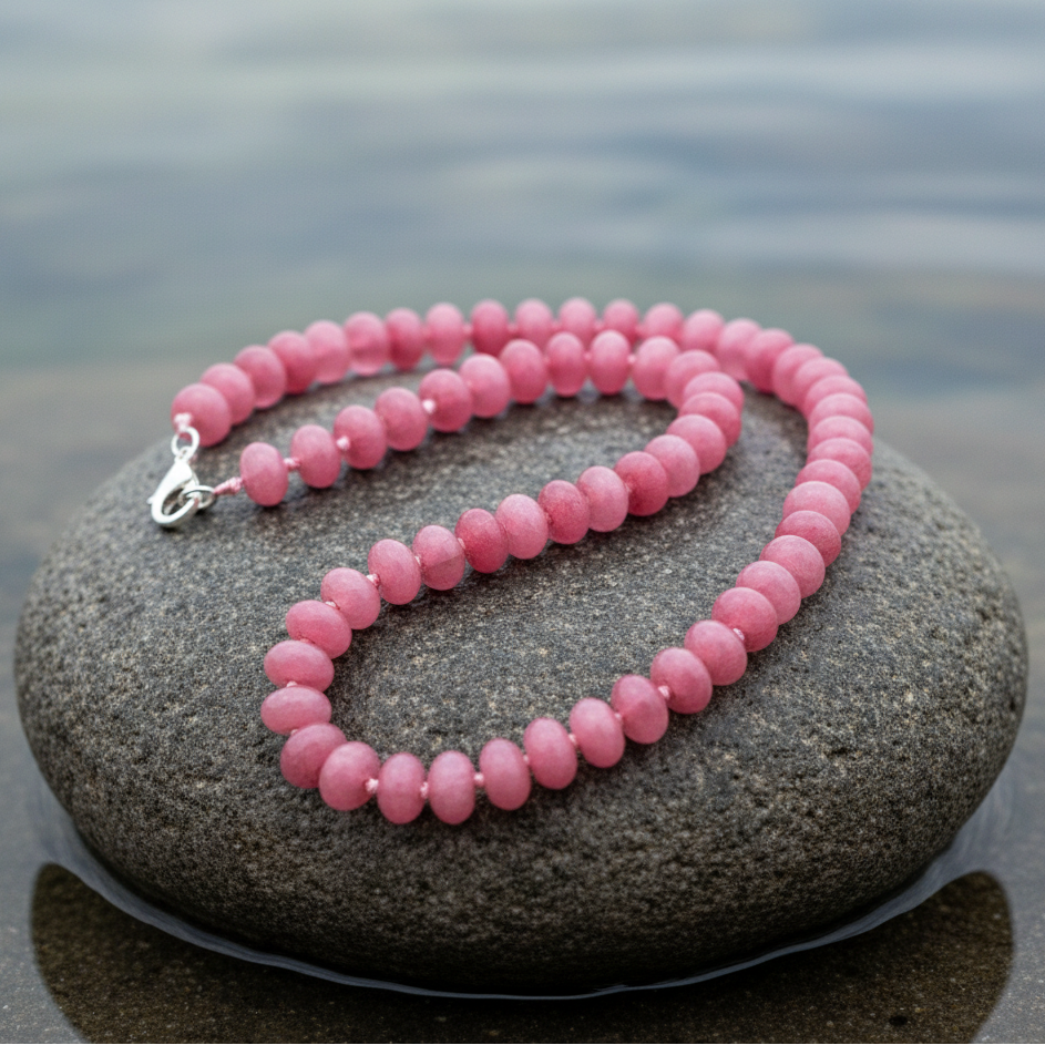 Roze handgeknoopte edelstenen ketting met sterling zilver (925) liggend op steen close up | Cherry Quartz Rondelle