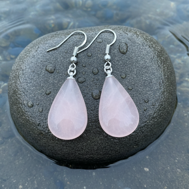 Roze edelstenen oorbellen met rozenkwarts in druppel vorm en sterling zilver liggend op steen in water | Rosé Quartz Big Drop