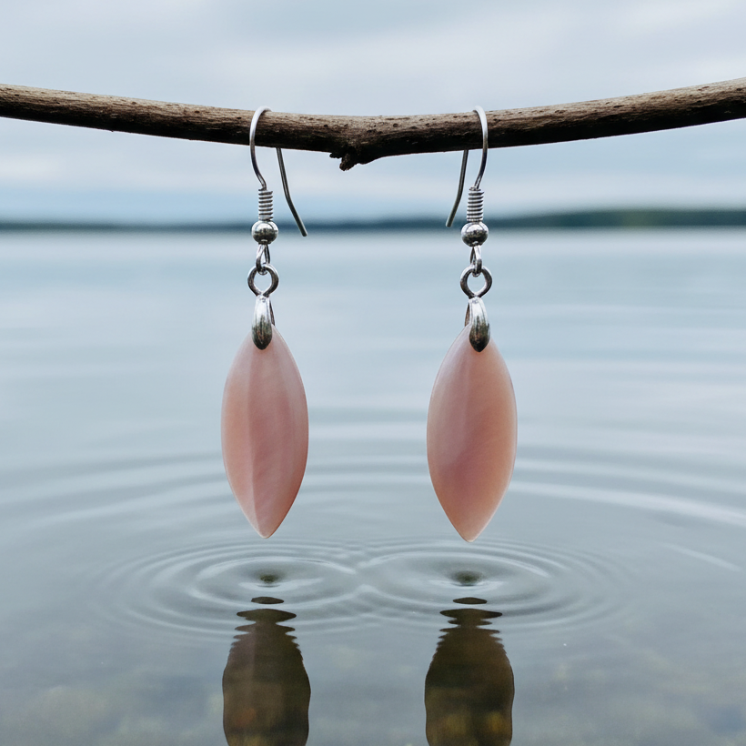 Roze parelmoeren oorbellen met sterling zilver (925) hangend aan takje boven water | Pink Shell