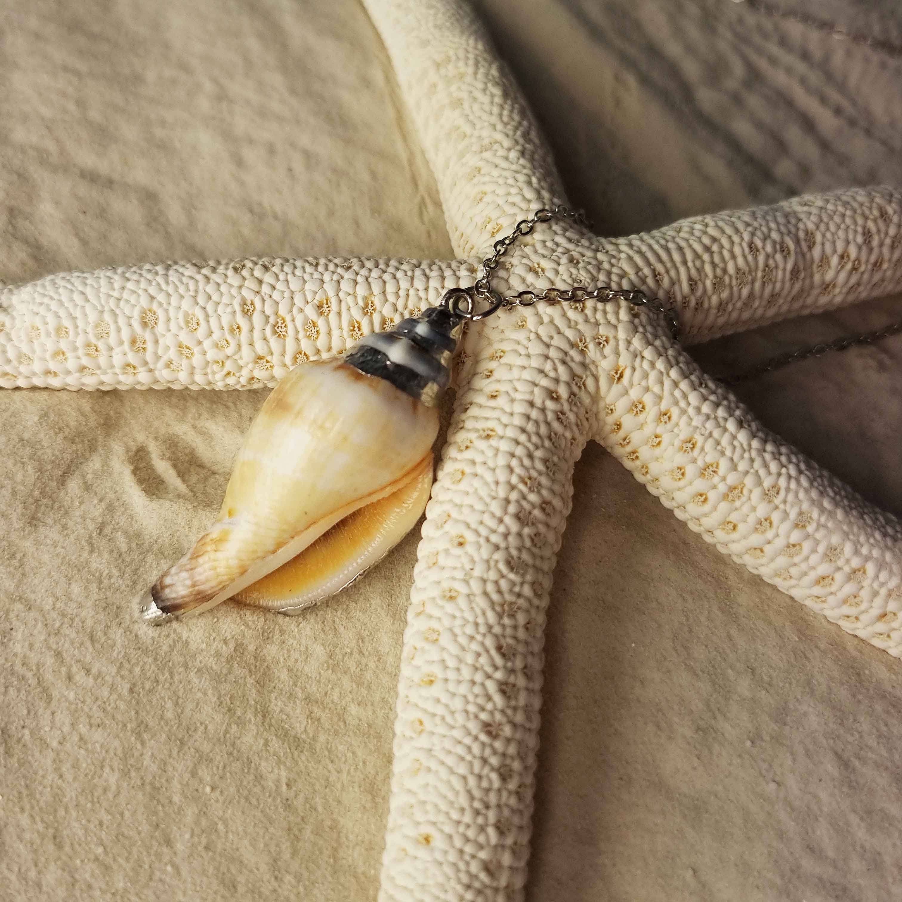 Detail van schelpen ketting met licht bruine schelp en zilver edelstaal liggend op zand achterzijde | set Seashell Silver