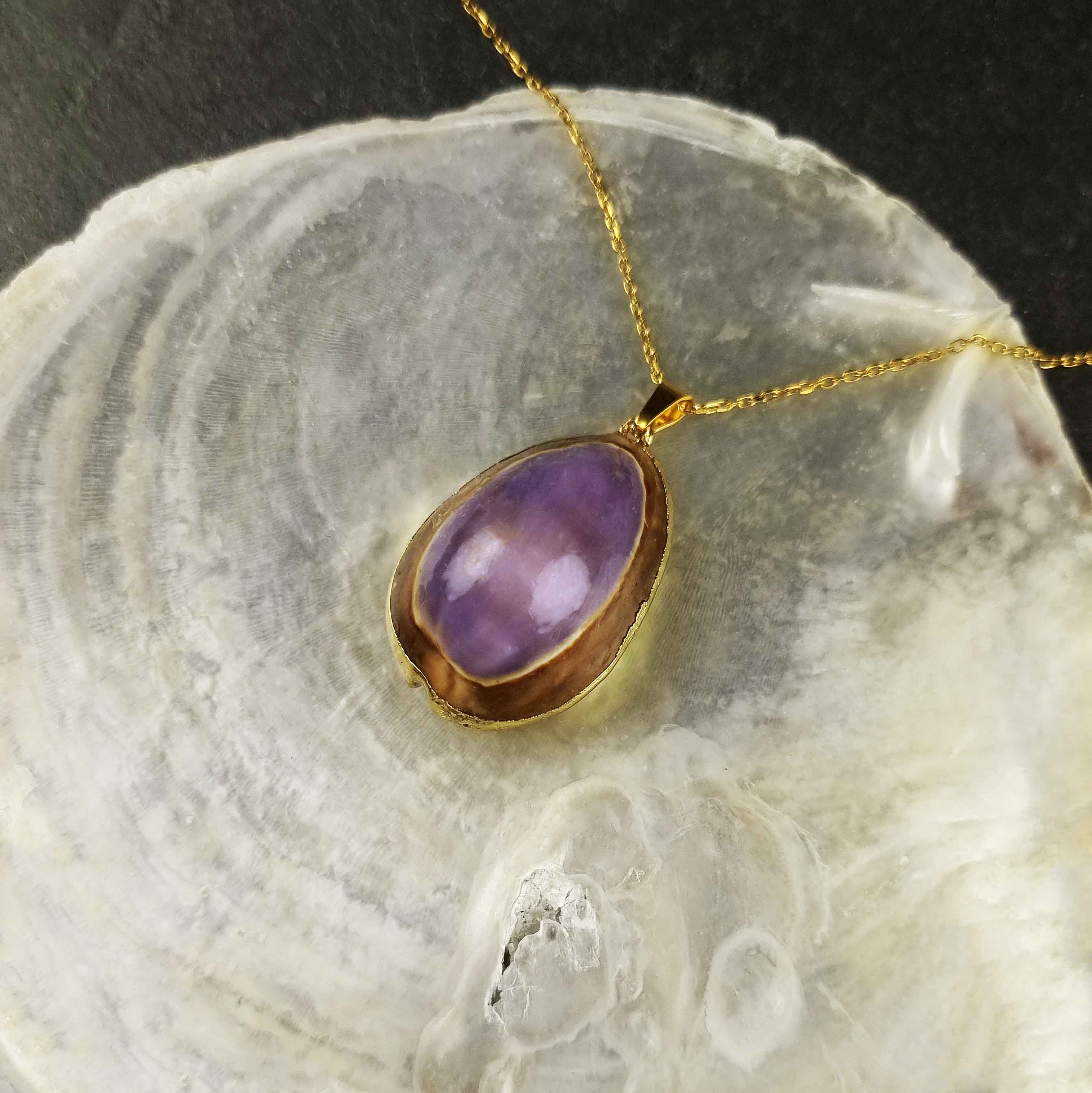 Paarse schelpenketting met schelpen hanger aan goud edelstalen ketting liggend op witte schelp | Shell Cowrie Purple