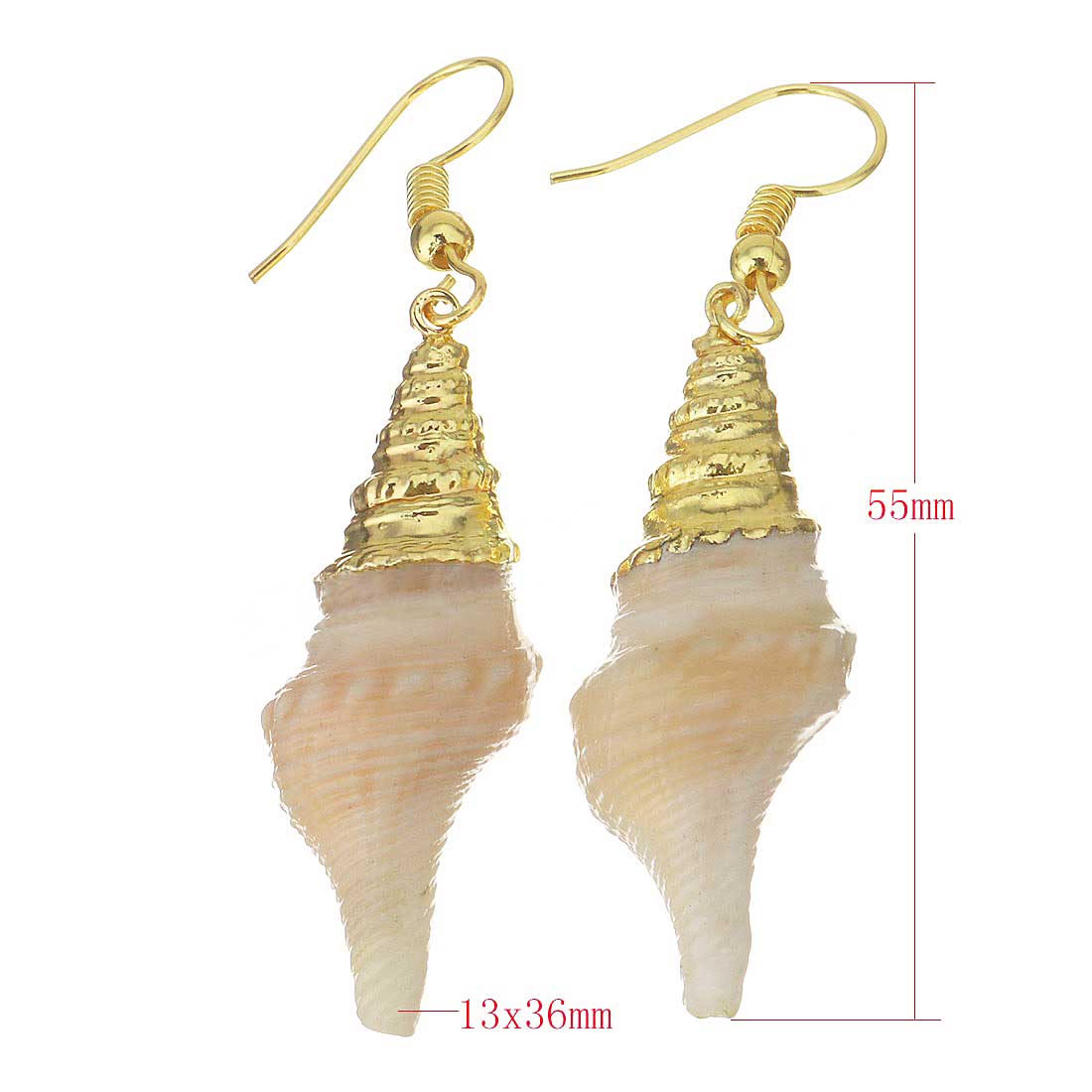 Schelpen oorbellen met crème kleurige schelp en goud edelstaal maat indicatie | Beige Tower Shell