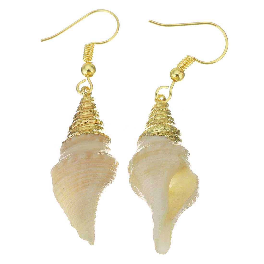 Schelpen oorbellen met crème kleurige schelp en goud edelstaal voor en achterzijde | Beige Tower Shell