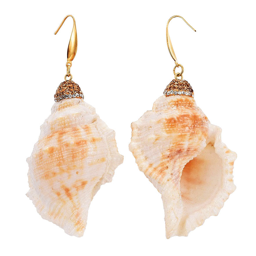 Grote licht gewicht schelpen oorbellen met goud edelstaal voor en achterkant | Bright Golden Spiral Shell