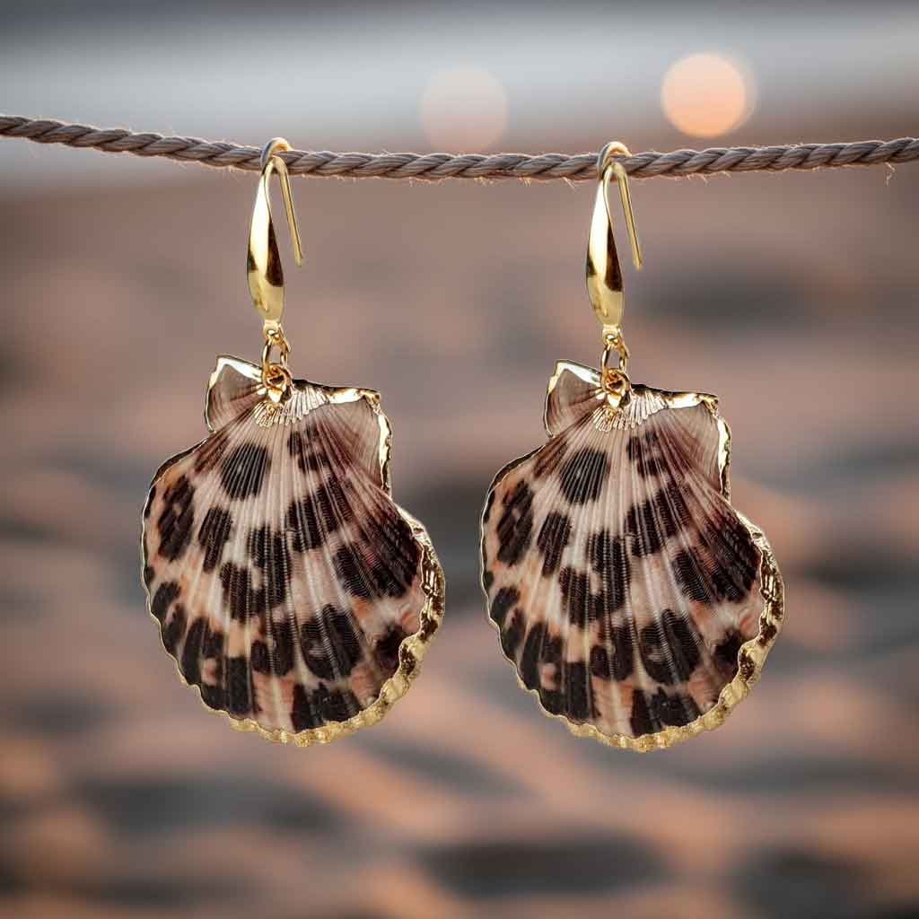 Schelpen oorbellen hangend aan koord met achtergrond strand en zee | Schelpen oorbellen Gold Sea Shell Panther