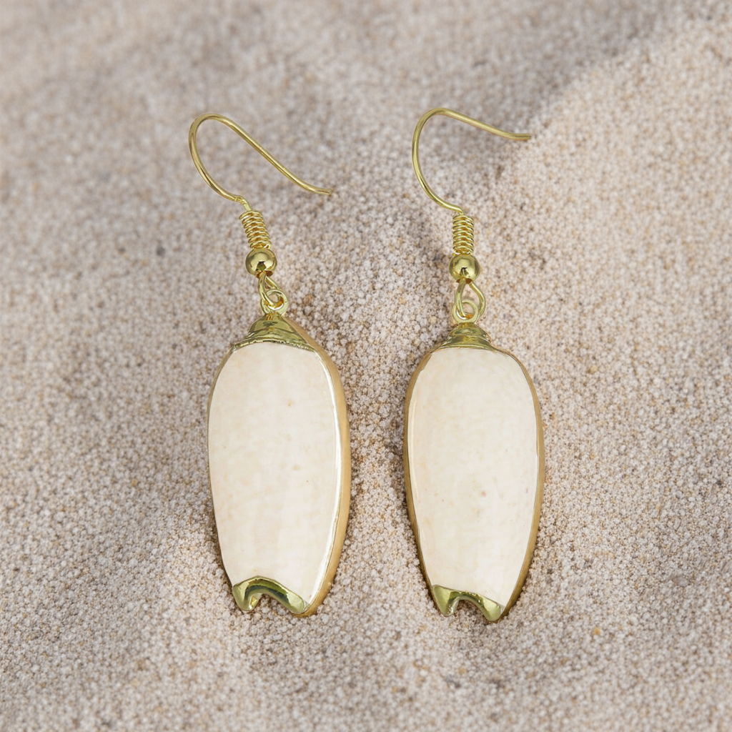Schelpen oorbellen met beige schelp en goud edelstaal liggend op strand | Pillar Seashell Gold