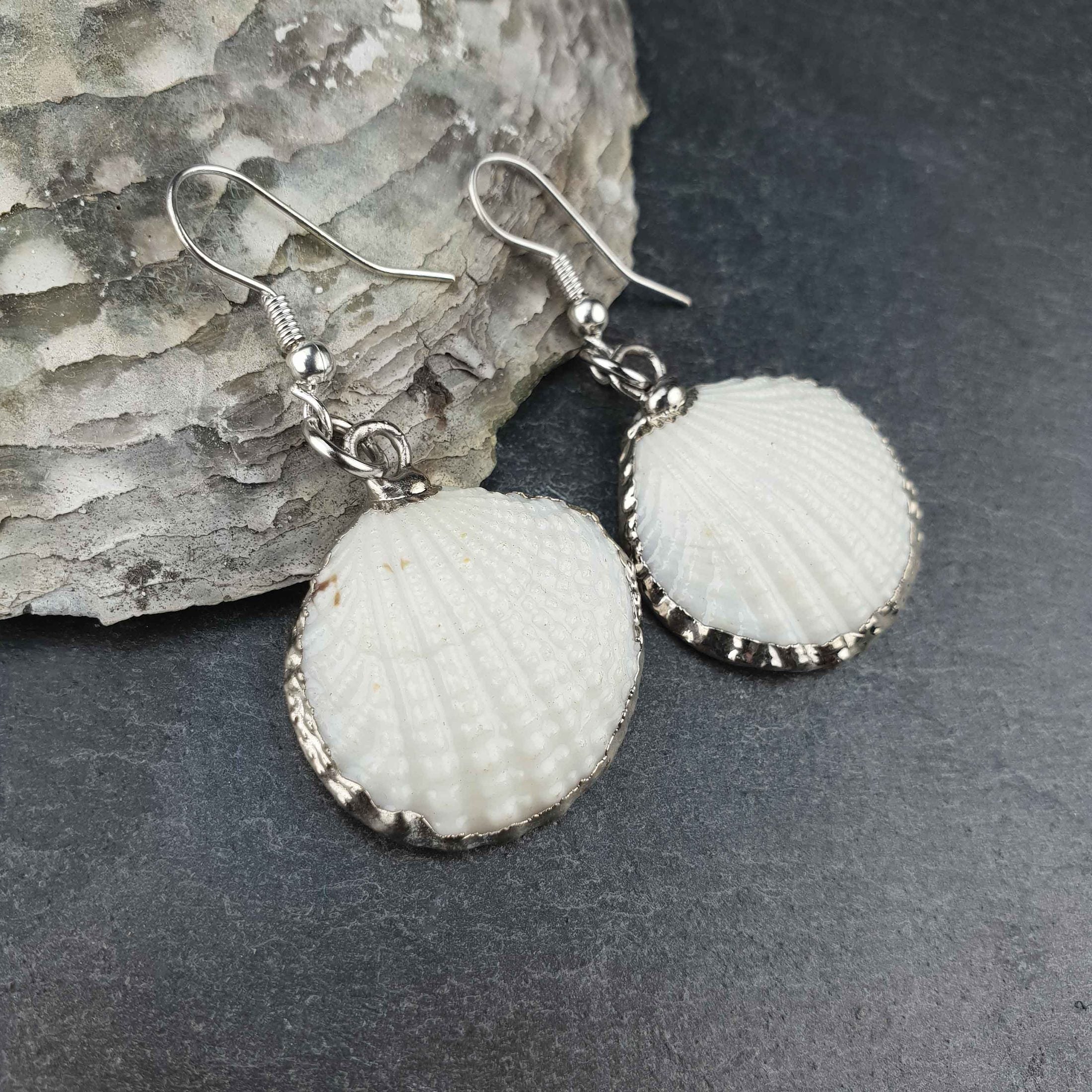 Schelpen oorbellen met witte schelp en zilver edelstaal liggend tegen schelp | set White Cockel Shell Silver