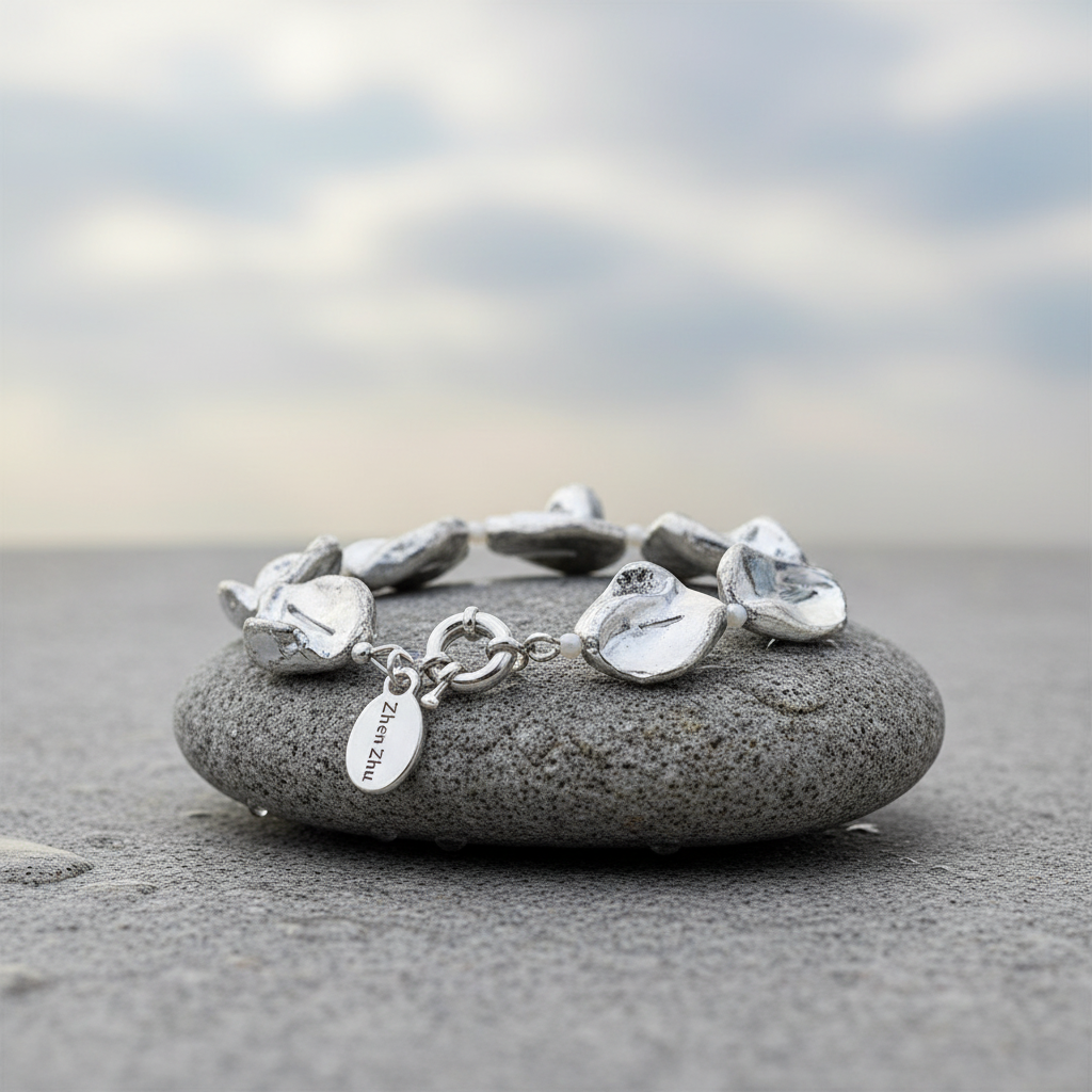 Zilver kleurige parelmoer schelpen armband liggend op steen met slotje voor | Shell Silver