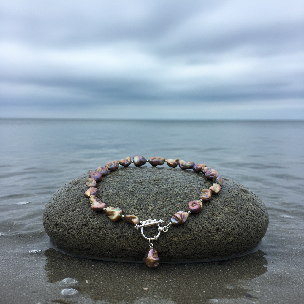 Bruin gekleurde parelmoeren schelpen ketting liggend op natte steen in water | Shell AB Brown