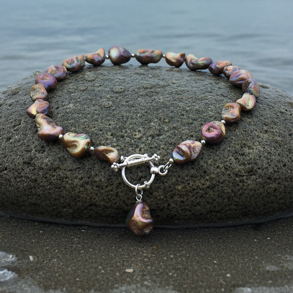 Bruin gekleurde parelmoeren schelpen ketting liggend op natte steen in water | Shell AB Brown