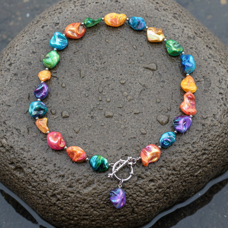Schelpen ketting Shell AB Color bovenaanzicht plat op steen