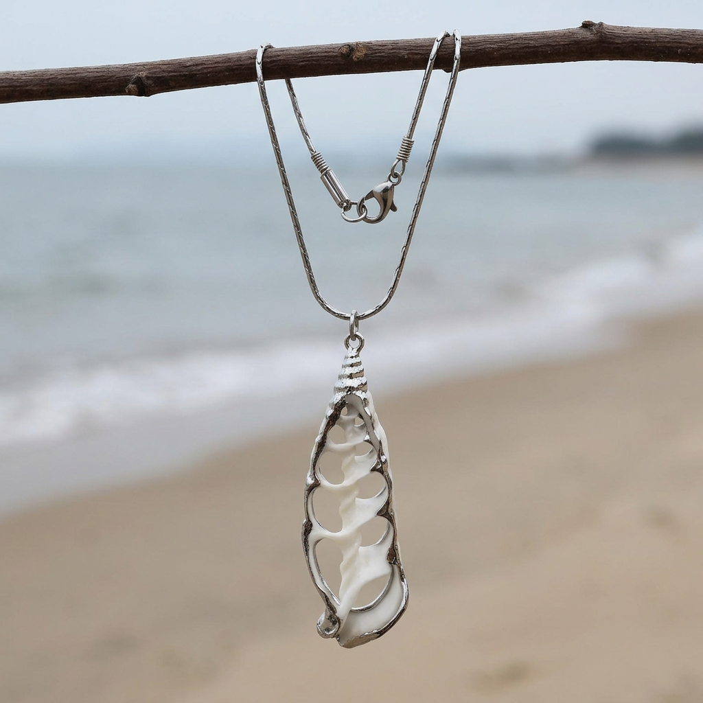 White Trumpet Shell Silver-ketting aan een takje met zee en strand op de achtergrond