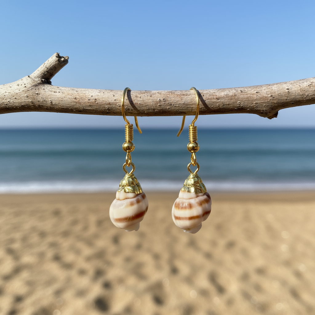 Schelpen oorbellen met kleine schelp en goud edelstaal hangend aan takje met achtergrond zee | Little Ribbed Shell Gold