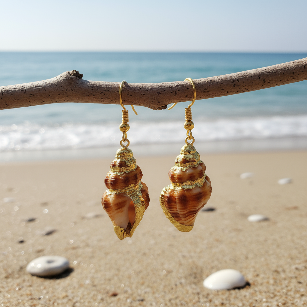 Schelpen oorbellen met witte en bruine schelp en goud edelstaal hangend aan takje met zee achtergrond | Ribbed Seashell Gold