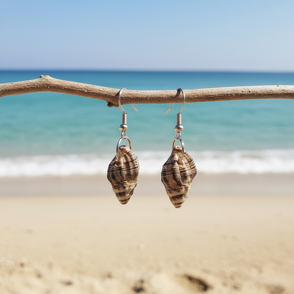 Kleine schelpen oorbellen met bruine schelp en sterling zilver (925) hangend aan takje met achtergrond zee | Small Trumpet Shell Dark