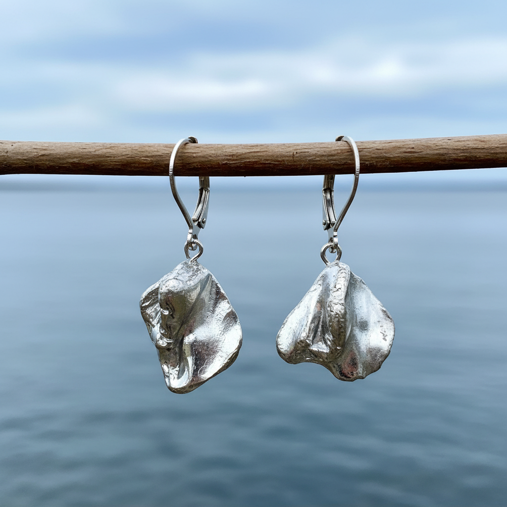 Zilver gekleurde schelpen oorbellen hangend aan takje | Shell Silver