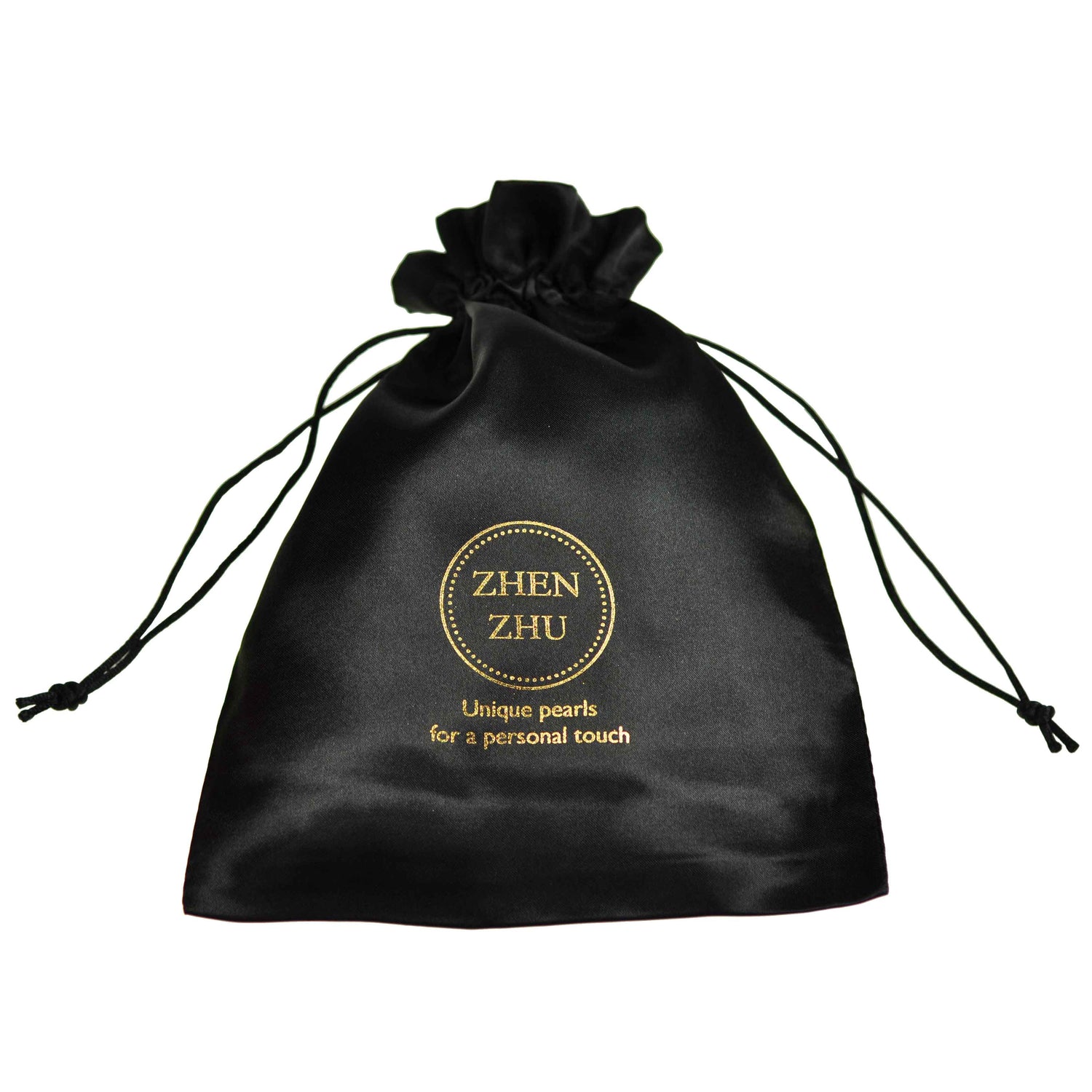 Groot zwart satijnen sieraden zakje met gouden logo Zhen Zhu