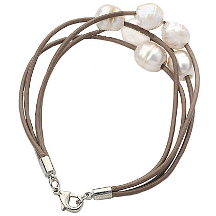 Wit zoetwater parel armband met bruin leer en sterling zilver (925), achteraanzicht | Leather Pearl White