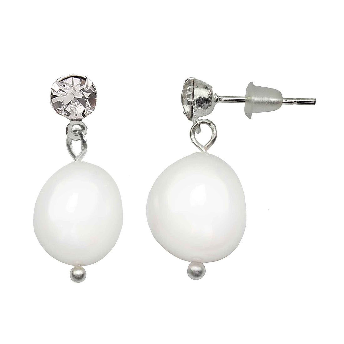 Witte zoetwater parel oorbellen met stras steentjes, voor en zijaanzicht | Keishi Bling