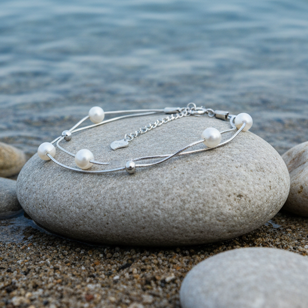 Wit zoetwater parel armband met sterling zilver (925) liggend op steen aan waterrand | Liv