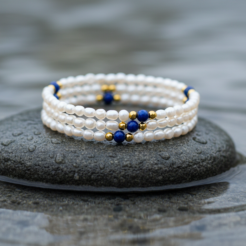 Wit zoetwater parel wikkelarmband met lapis lazuli liggend op steen in water zijaanzicht | Agnes