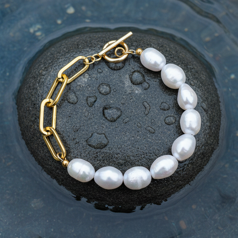 Zoetwater parel armband met witte parels en goud edelstaal liggend op steen in water | Baudine