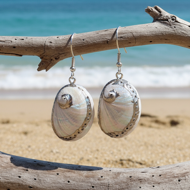 Witte parelmoeren schelpen oorbellen met zilver edelstaal hangend aan takje met zee achtergrond | White Shell Silver