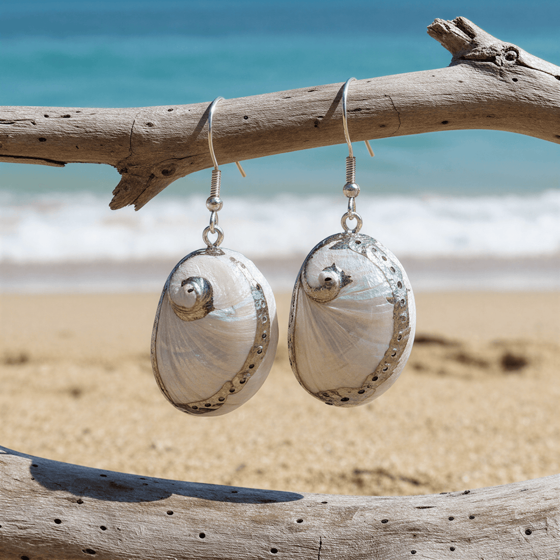 Witte parelmoeren schelpen oorbellen met zilver edelstaal hangend aan takje met zee achtergrond | White Shell Silver