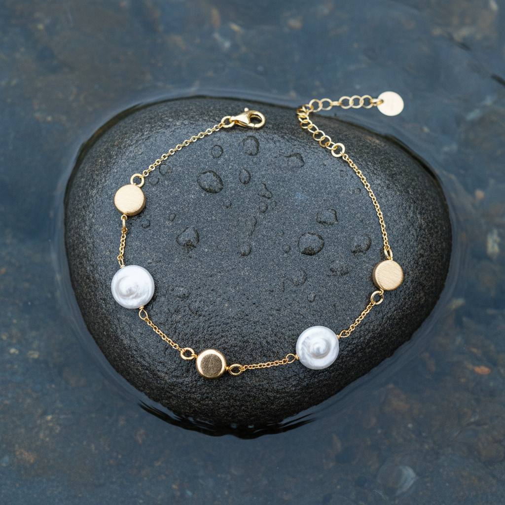 Wit zoetwater parel armband met verguld zilver liggend op steen in water - Marceline