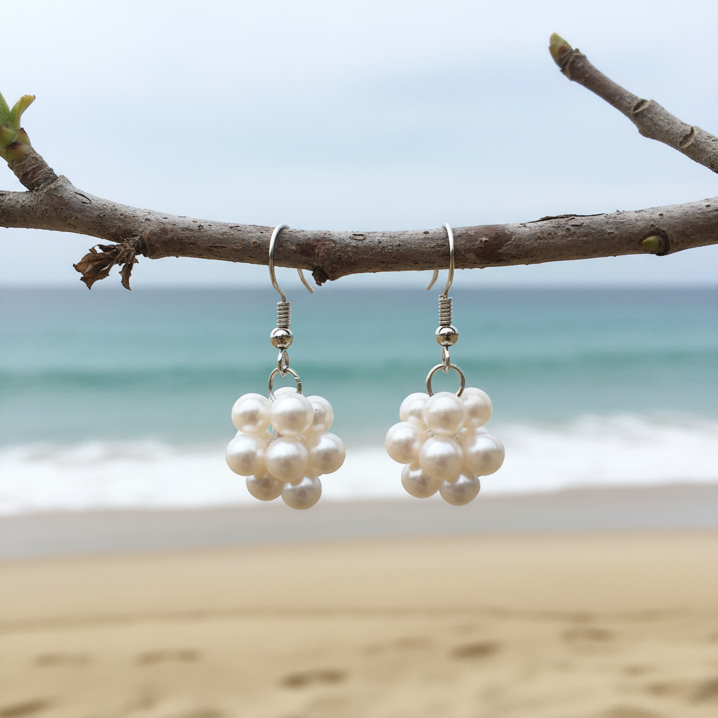 Witte zoetwater parel oorbellen met witte parel bol En sterling zilver (925) hangend aan takje met achtergrond zee | Ballina