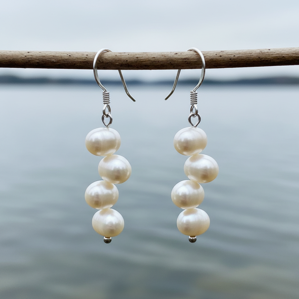 Witte zoetwater parel oorbellen met sterling zilver 925 hangend aan takje | Bo
