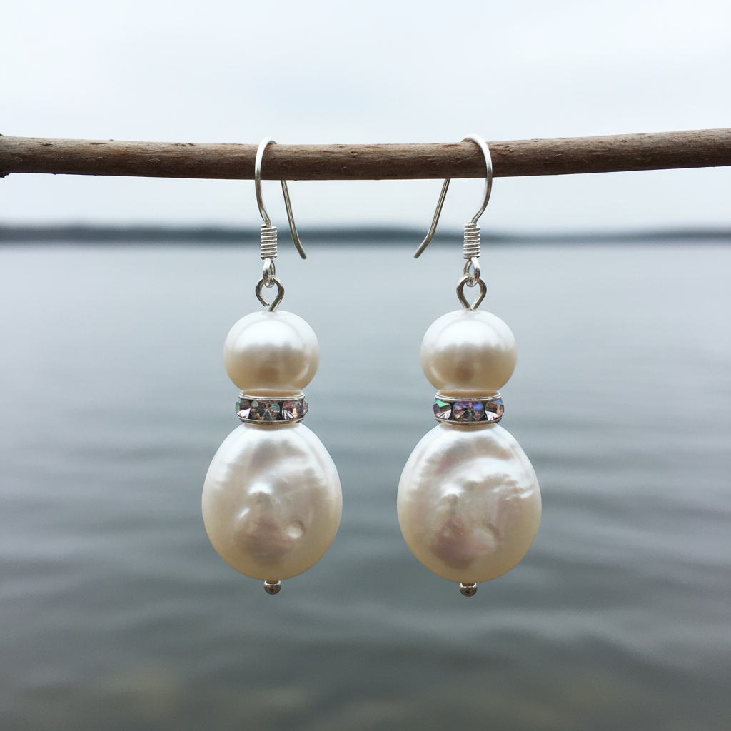Witte zoetwater parel oorbellen met stras steentjes hangend aan takje boven water | Conny AB Bling