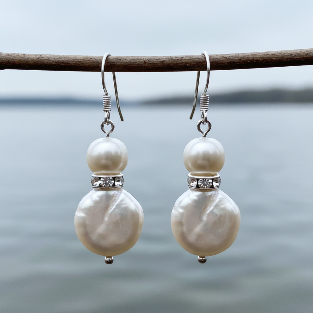 Witte zoetwater parel oorbellen met sterling zilver (925) hangend aan takje boven water | Conny Bling