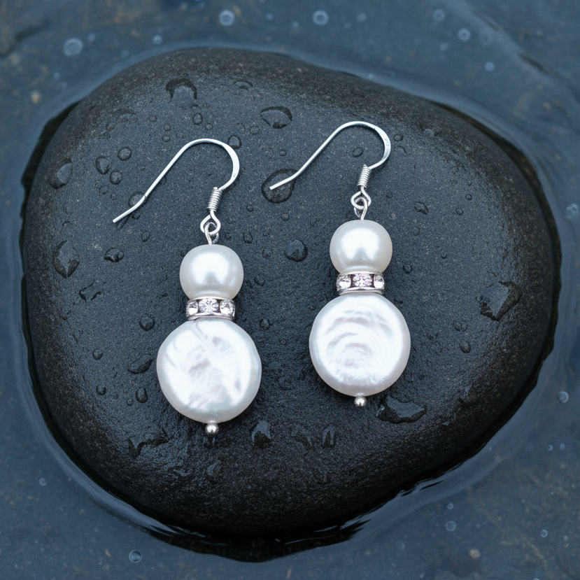 Witte zoetwater parel oorbellen met sterling zilver (925) liggend op steen in water | Conny Bling