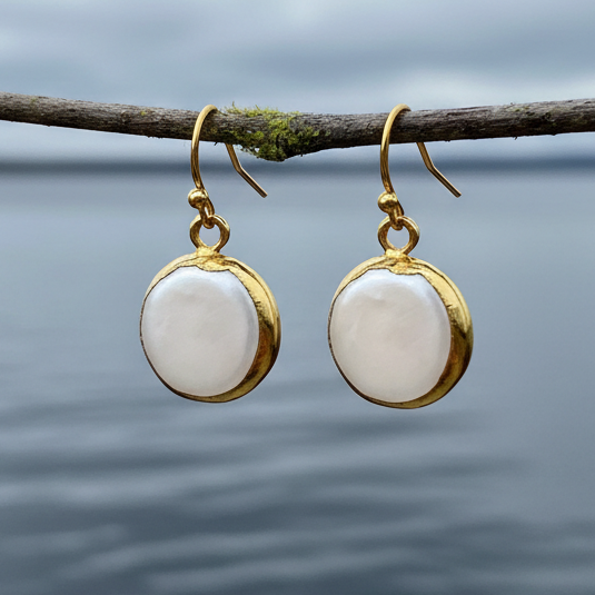 Witte zoetwater parel oorbellen met goud edelstaal hangend aan takje boven water | One Gold Coin Pearl
