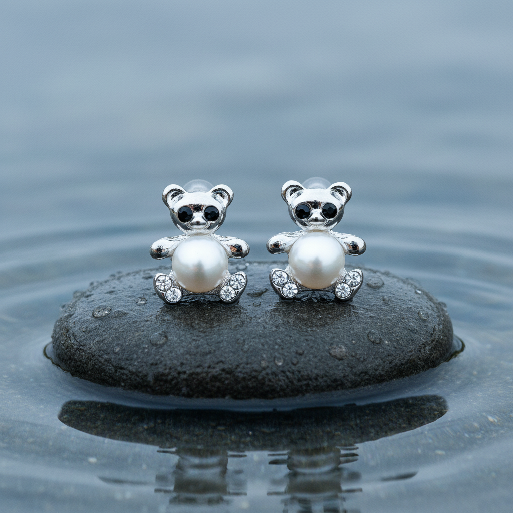 Zoetwater parel oorknopjes met witte parels en zilveren beertje met stras steentjes liggend op steen in water | Pearl Bear W