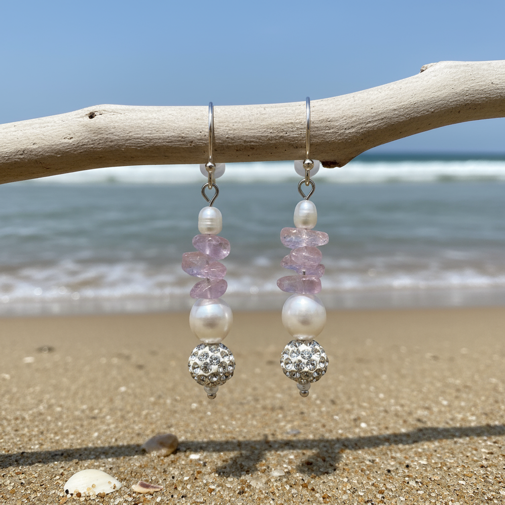 Witte zoetwater parel oorbellen met amethist, stras bal en sterling zilver (925) hangend aan takje met zee achtergrond | Amanda