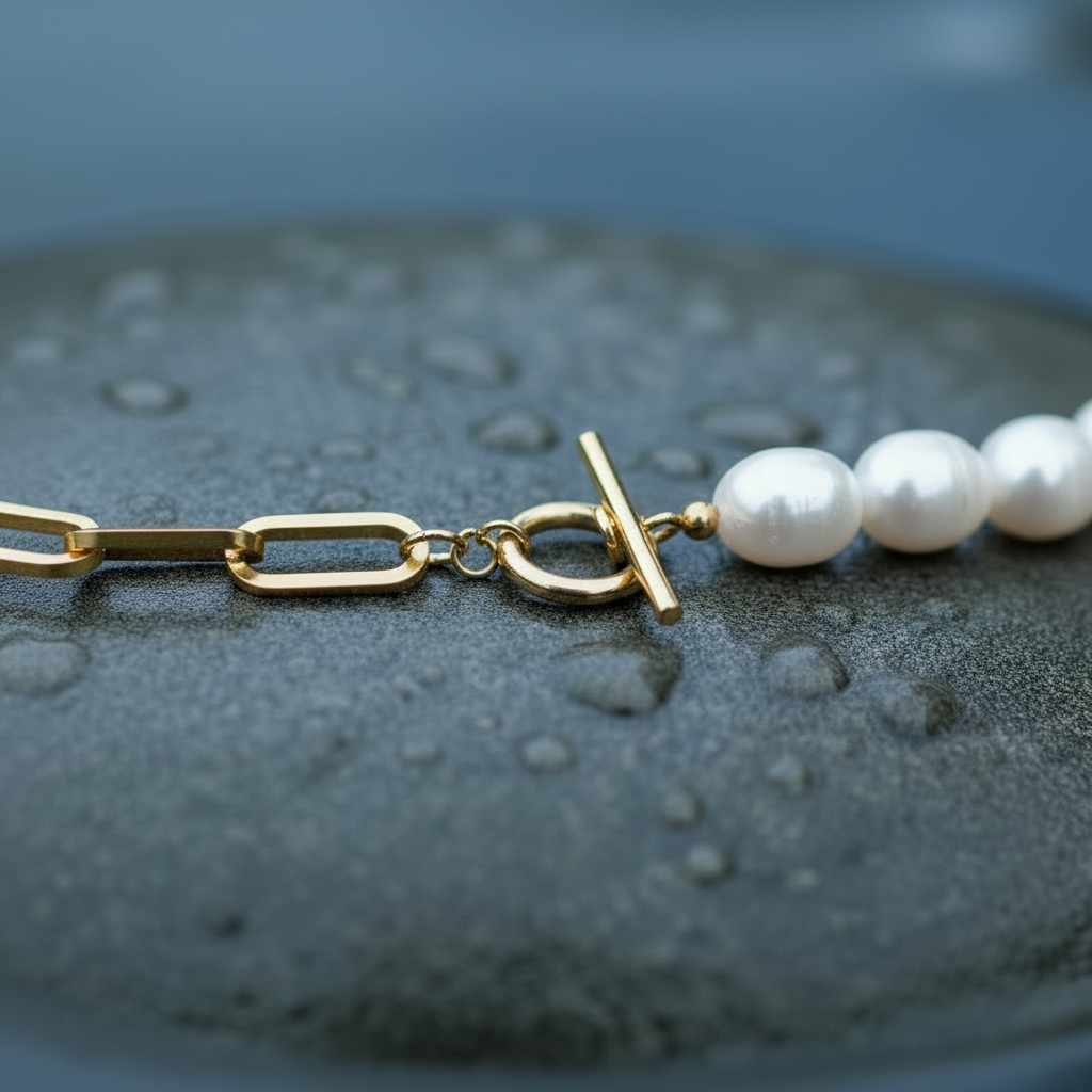 Witte zoetwater parelketting met witte parels en goud edelstaal liggend op steen close up | Baudine
