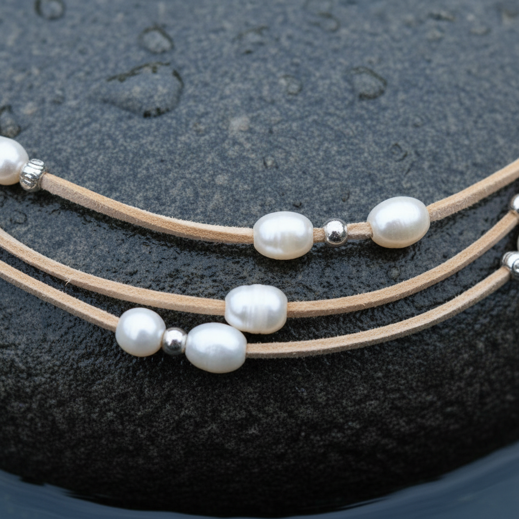 Extreme close-up multi-strand suède ketting witte parels op donkere natte steen