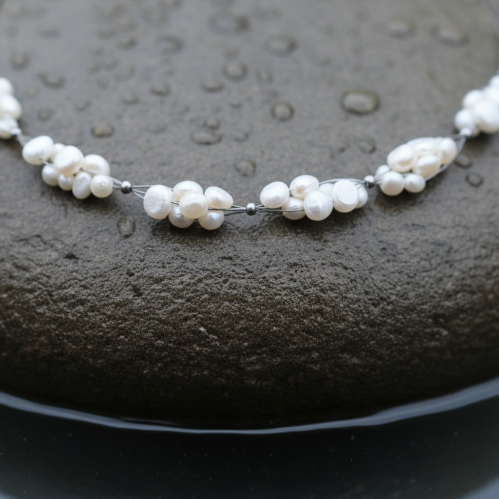 Zoetwater parelketting met witte parels en sterling zilver (925) liggend op steen close up | Winny