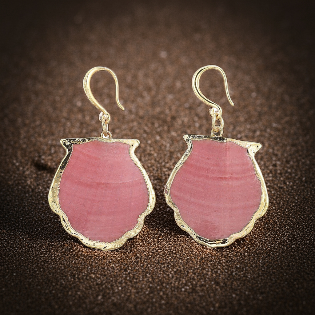 Roze schelpen oorbellen met donker strand als achtergrond | Gold Sea Shell Pink
