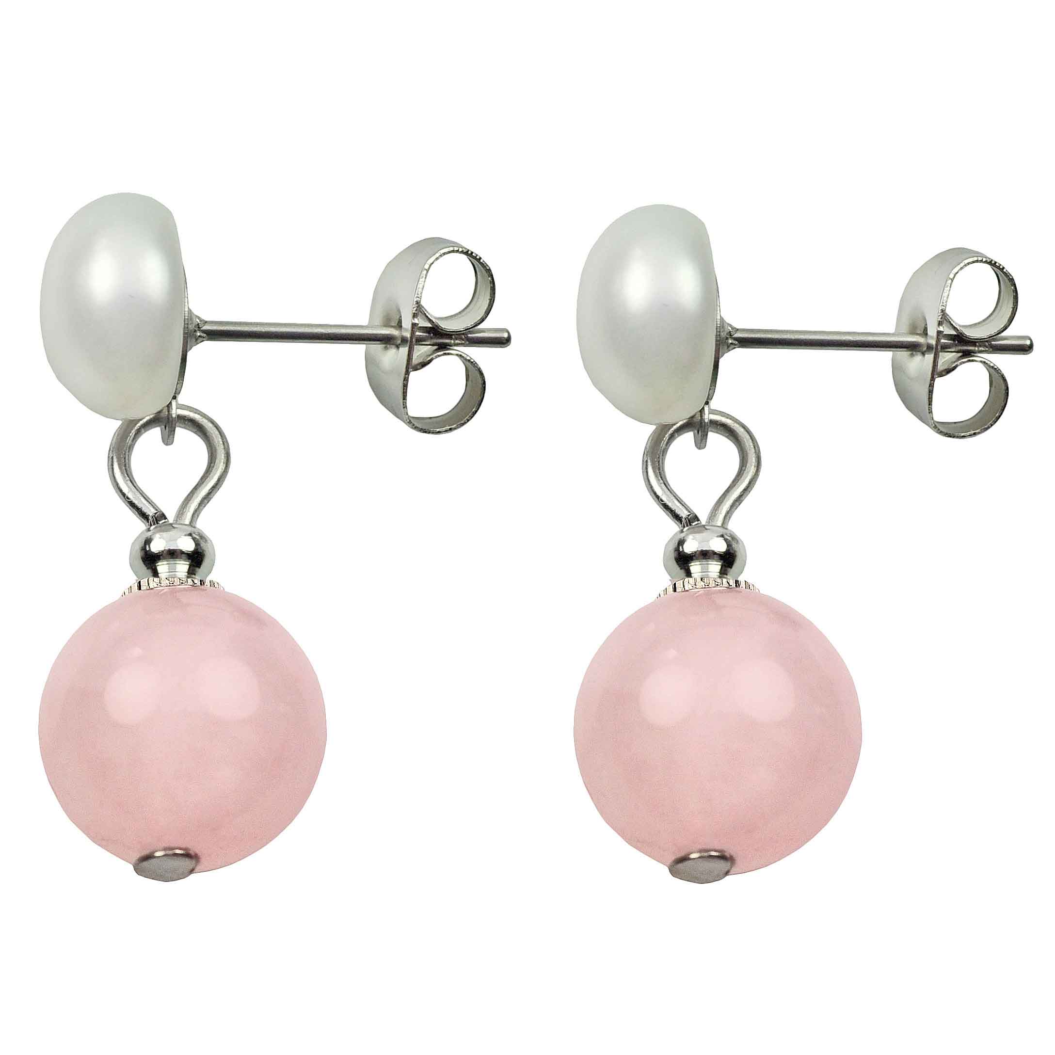 Zoetwater parel oorbellen met witte parel met rozenkwarts zijaanzicht | Pearl Stud Rose Quartz