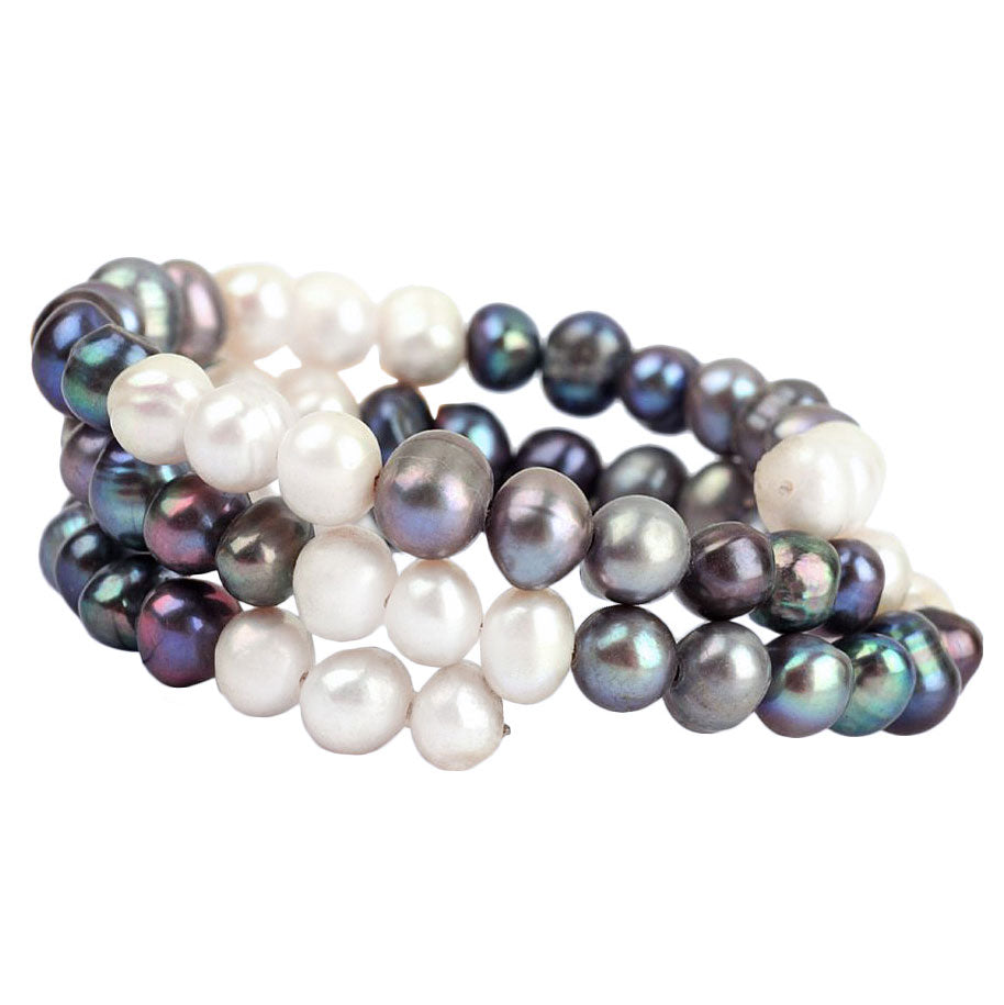 Zoetwater parel wikkel armband met witte, grijze en blauw grijze parels, zijaanzicht | Wrap White Grey Blue Pearl