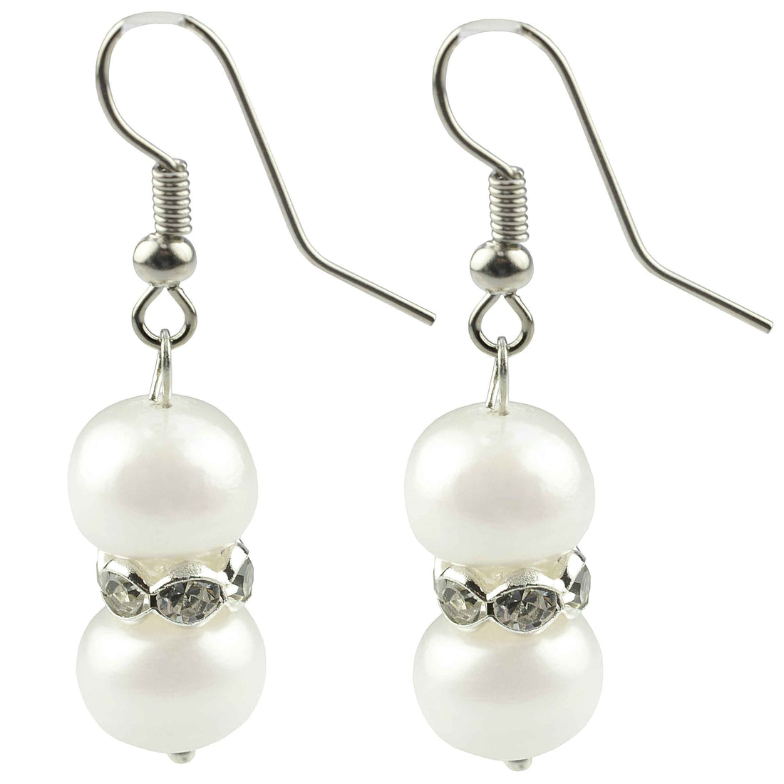 Witte zoetwater parel oorbellen met stras stenen en sterling zilver 925, zijaanzicht | Bling Pearl