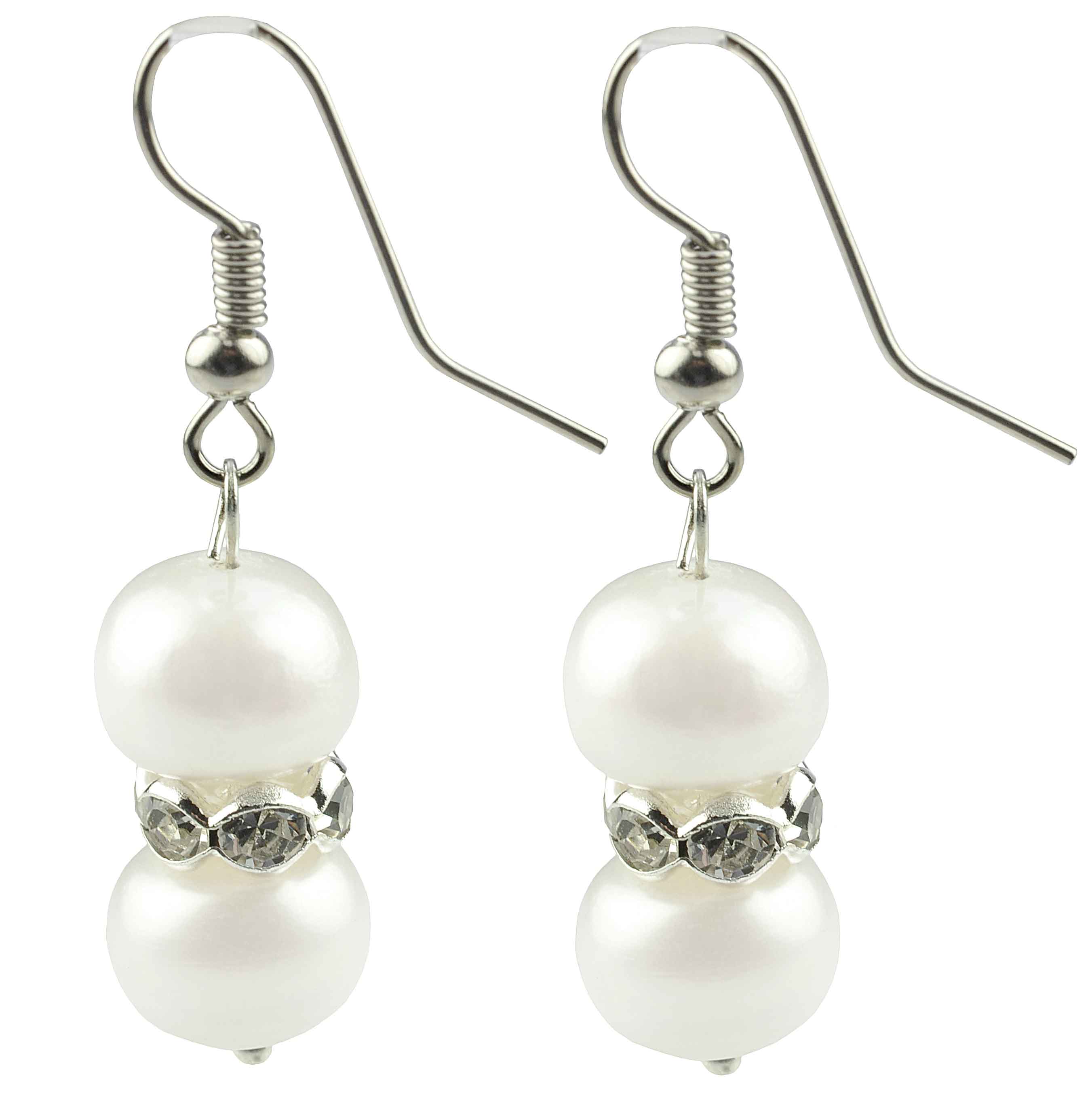 Witte zoetwater parel oorbellen met stras stenen en sterling zilver 925, zijaanzicht | Bling Pearl
