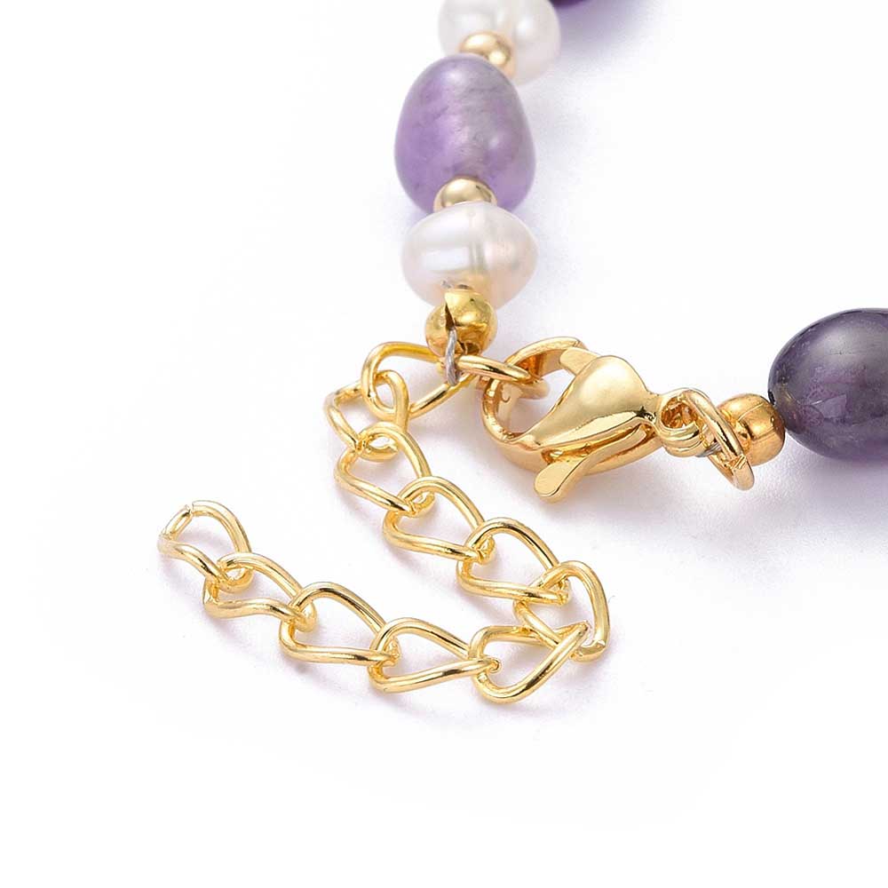 Goud edelstalen slotje van wit  zoetwater parel armband met paarse edelsteen amethist  | Amethyst Pearl Gold